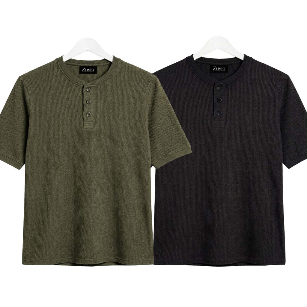 Pack of 2 Waffle Henley ( Commando Green & Black )