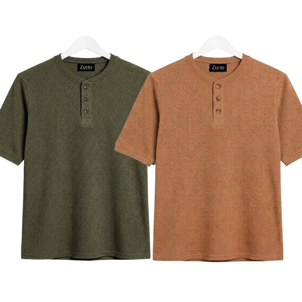 Pack of 2 Waffle Henley ( Commando Green & Camel )
