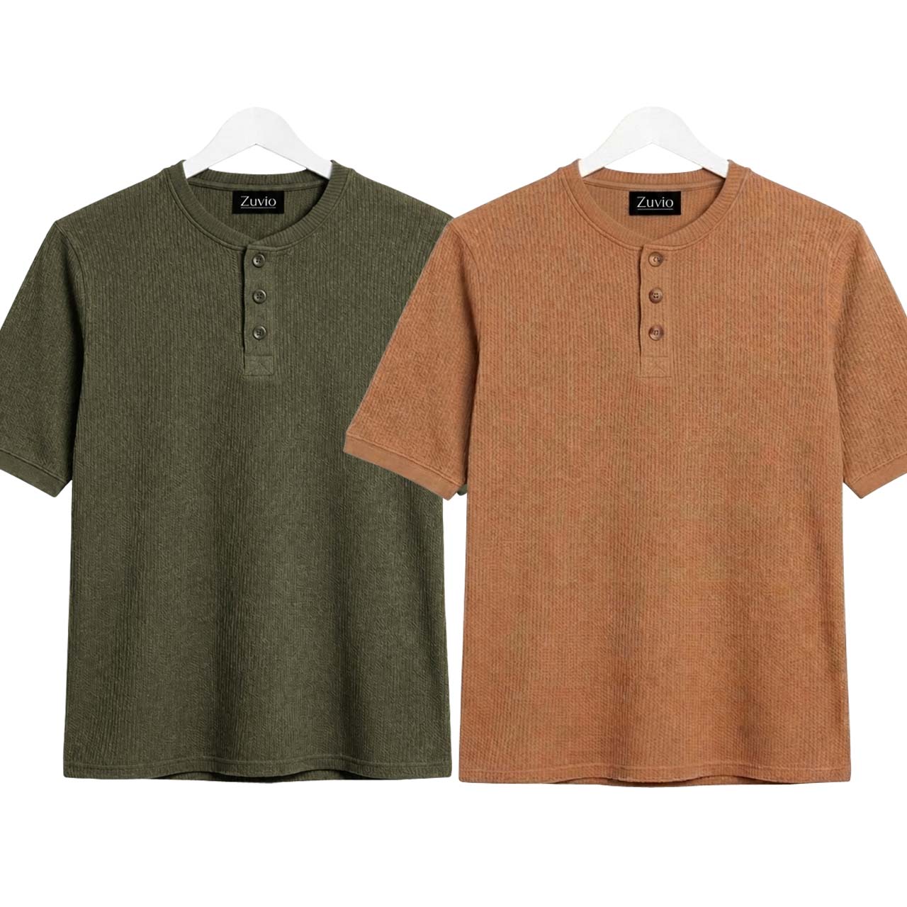 Pack of 2 Waffle Henley ( Commando Green & Camel )